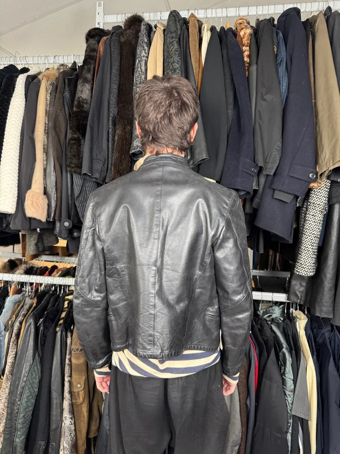 1990s Emporio Armani Mao Black Grain Leather Buttoned Jacket OvtXZLy 3