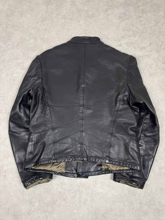 1990s Emporio Armani Mao Black Grain Leather Buttoned Jacket OvtXZLy 4