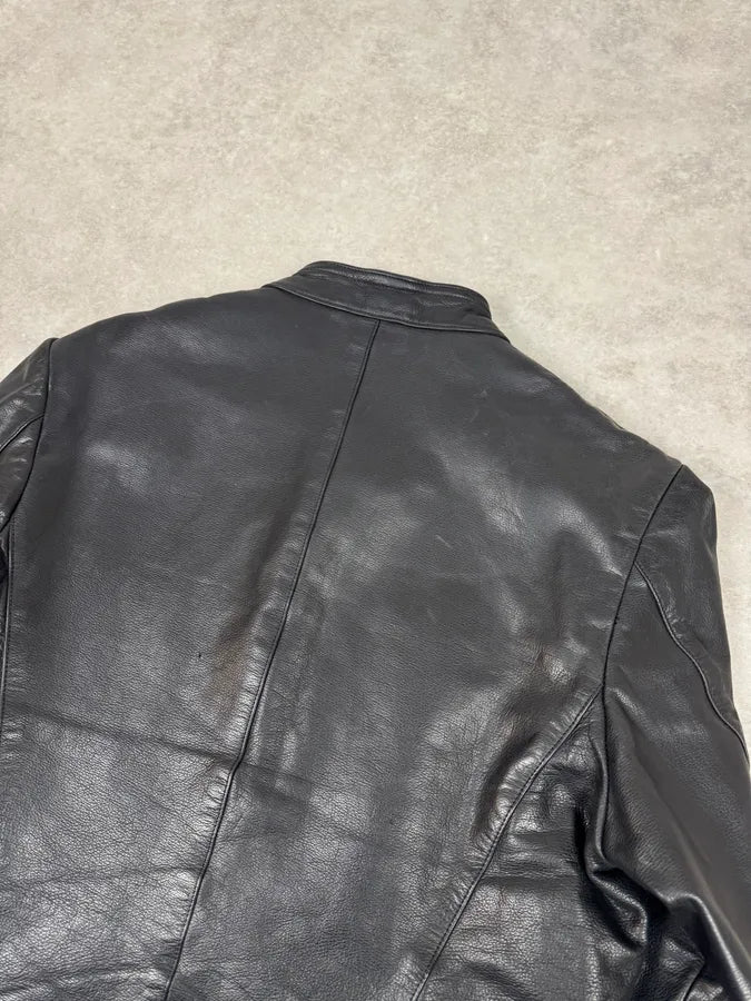 1990s Emporio Armani Mao Black Grain Leather Buttoned Jacket OvtXZLy 5
