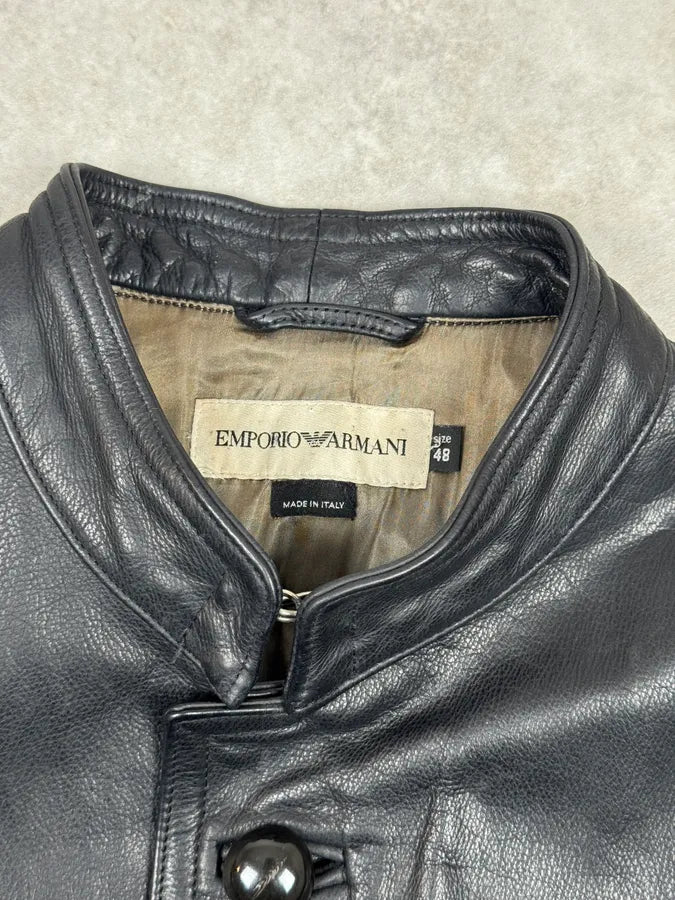 1990s Emporio Armani Mao Black Grain Leather Buttoned Jacket OvtXZLy 6