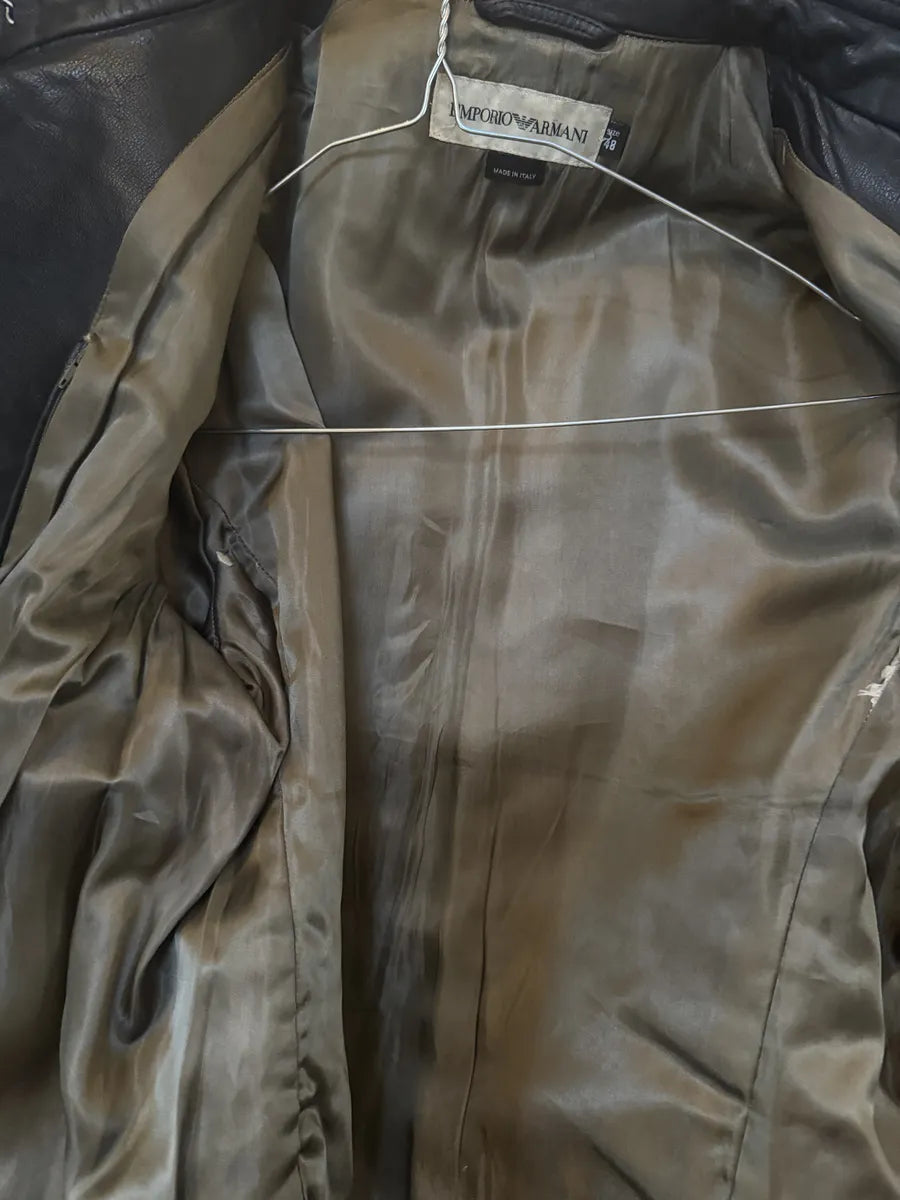 1990s Emporio Armani Mao Black Grain Leather Buttoned Jacket OvtXZLy 8