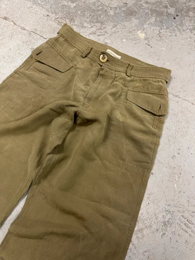 1990s Emporio Armani Olive Cozy Straight Relaxed Pants (S/M) 1