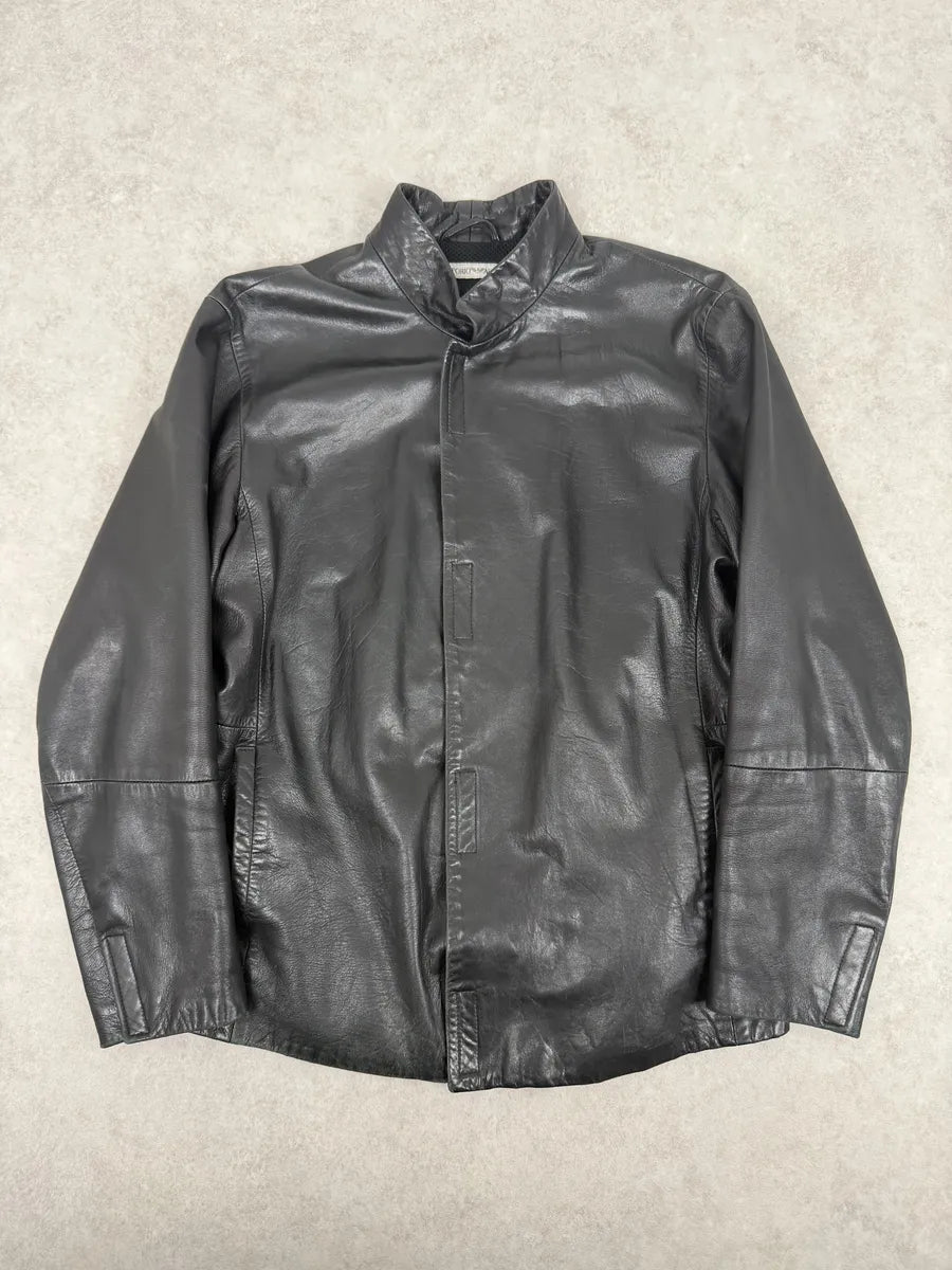 1990s Emporio Armani Pure Black Leather Jacket cxRMbzJ 5