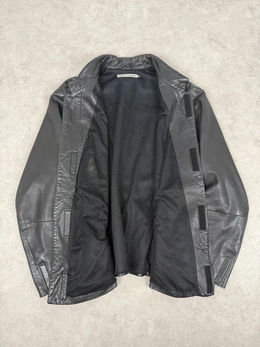 1990s Emporio Armani Pure Black Leather Jacket cxRMbzJ 9