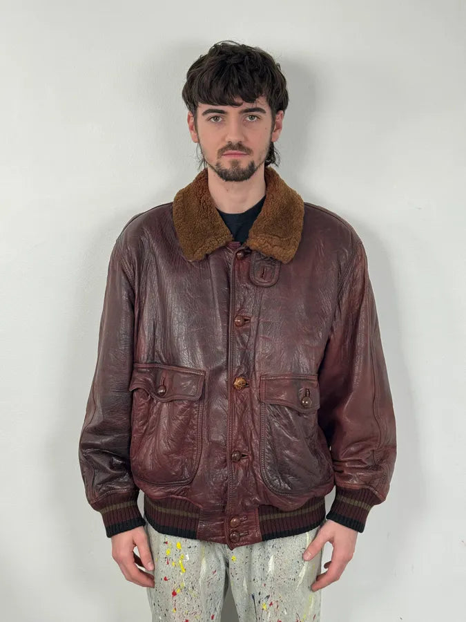 1990s Emporio Armani Sicons Brown Eroded Aviator Bomber Leather Jacket bWLiAfm 1