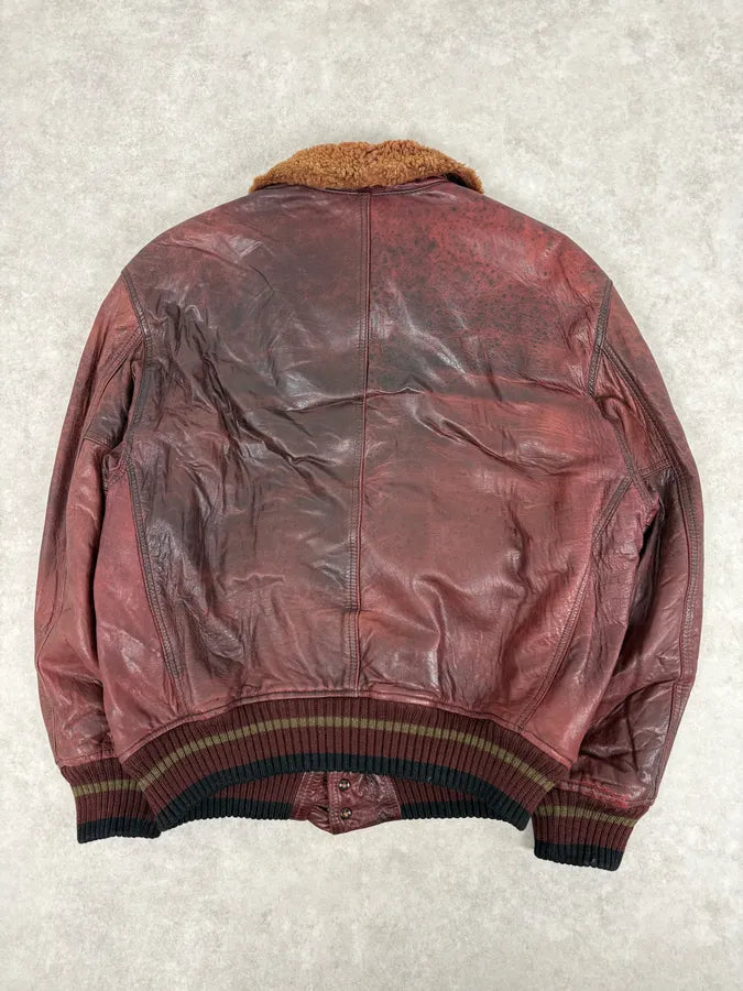 1990s Emporio Armani Sicons Brown Eroded Aviator Bomber Leather Jacket bWLiAfm 5
