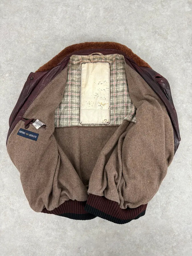 1990s Emporio Armani Sicons Brown Eroded Aviator Bomber Leather Jacket bWLiAfm 8