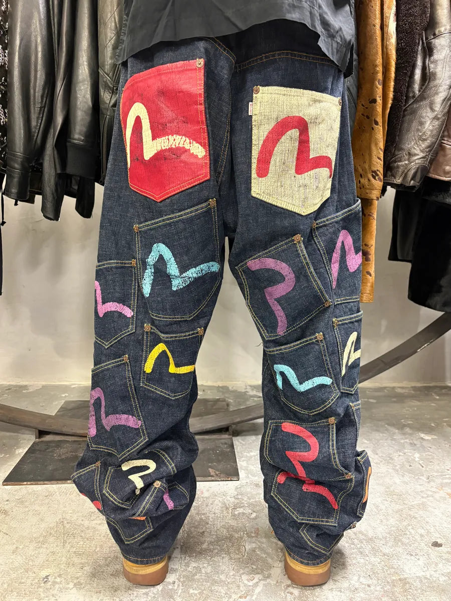 1990s Evisu Multi Pockets Painted Brut Denim Large Collector Jeans (XXL) kftxeiv 1
