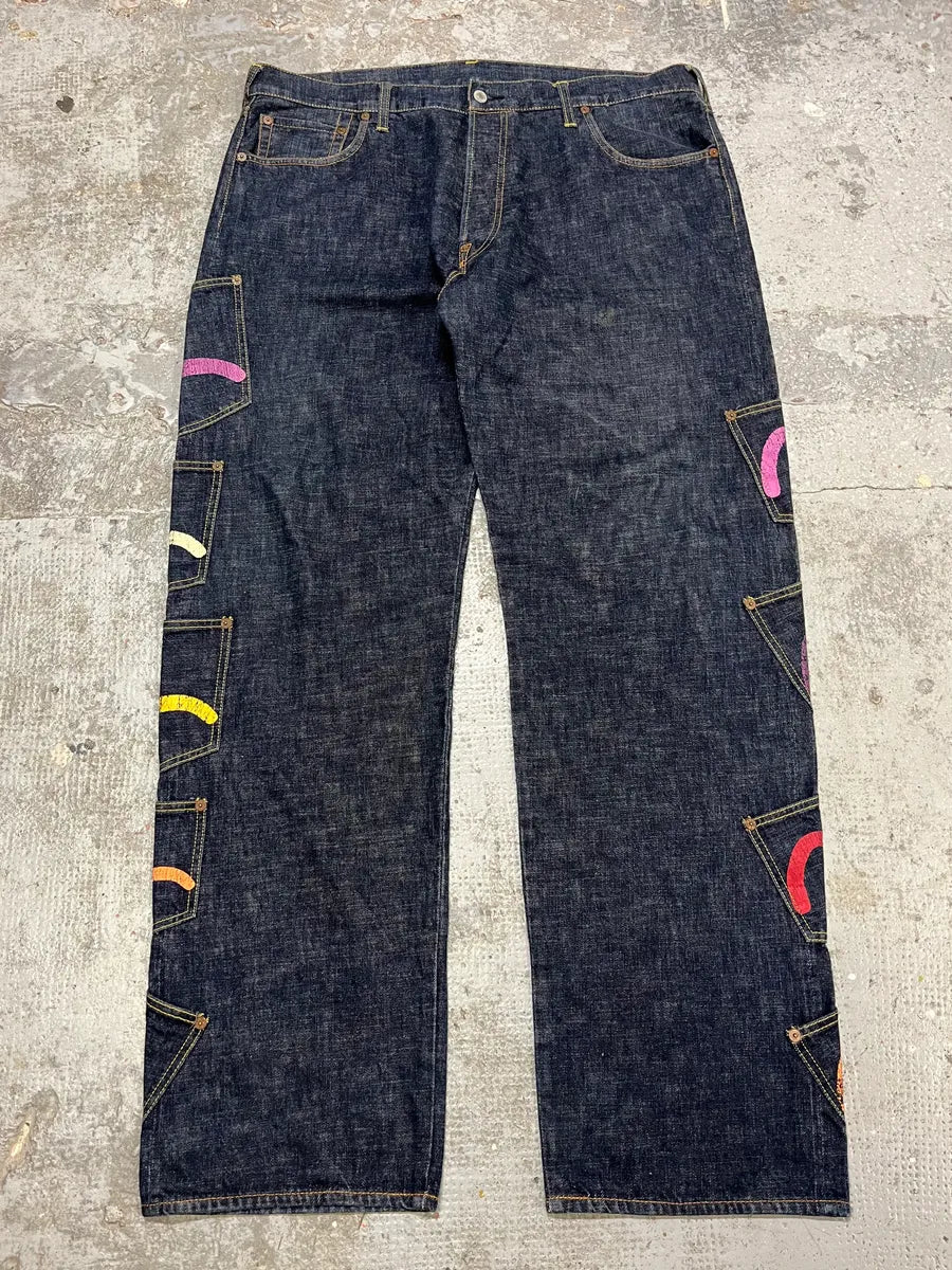 1990s Evisu Multi Pockets Painted Brut Denim Large Collector Jeans 1990s Evisu Multi Pockets Painted Brut Denim Large Collector Jeans