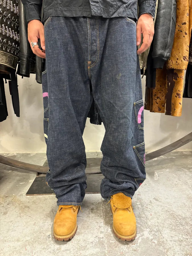 1990s Evisu Multi Pockets Painted Brut Denim Large Collector Jeans (XXL) kftxeiv 3