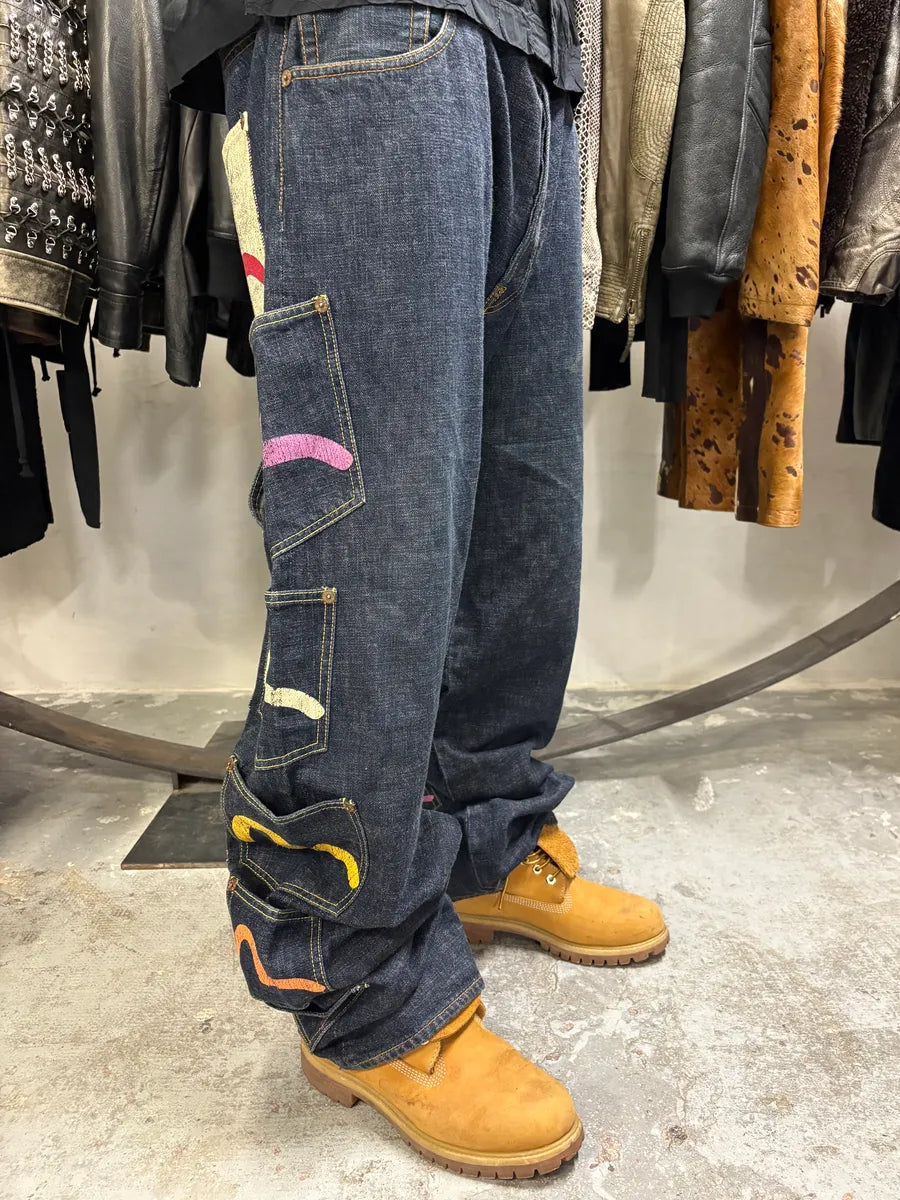 1990s Evisu Multi Pockets Painted Brut Denim Large Collector Jeans (XXL) kftxeiv 4