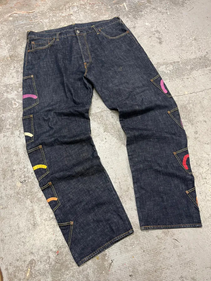 1990s Evisu Multi Pockets Painted Brut Denim Large Collector Jeans (XXL) kftxeiv 5