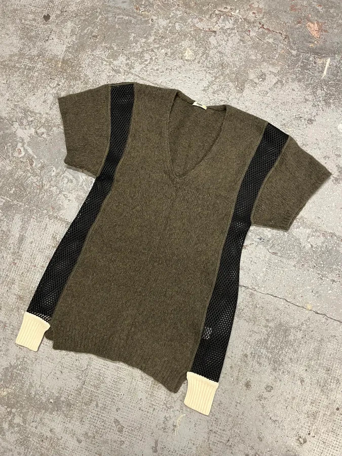 1990s Fendi Wool Khaki Black Mesh V-Neck Top (M/L) MCNGUAs 1