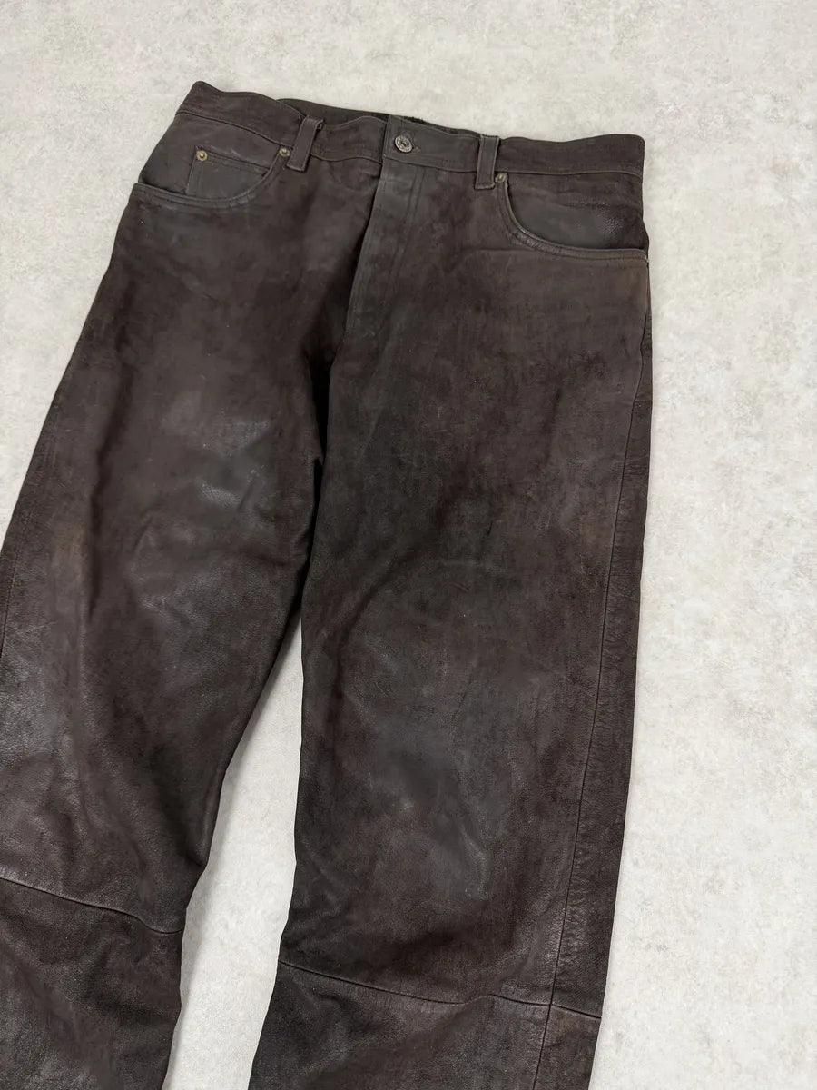 1990s Front Line Italian Eroded Brown Leather Pants QTjLbxd 10