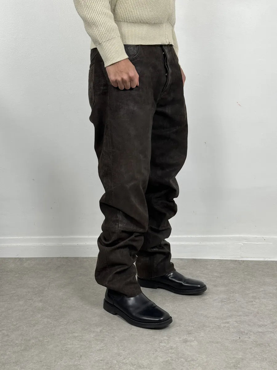 1990s Front Line Italian Eroded Brown Leather Pants QTjLbxd 4