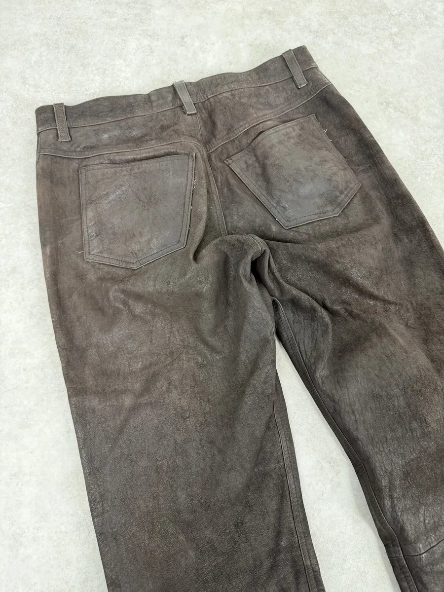 1990s Front Line Italian Eroded Brown Leather Pants QTjLbxd 6