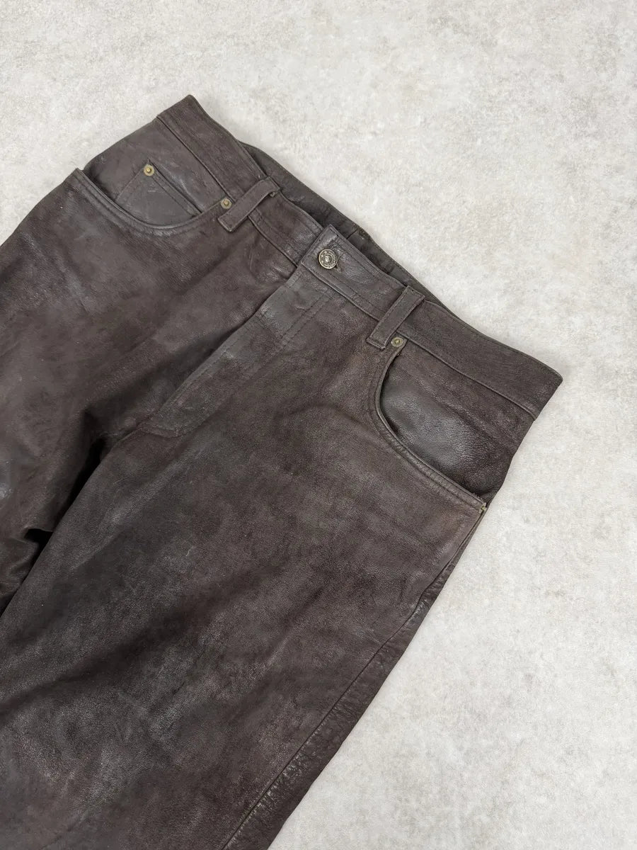 1990s Front Line Italian Eroded Brown Leather Pants QTjLbxd 9