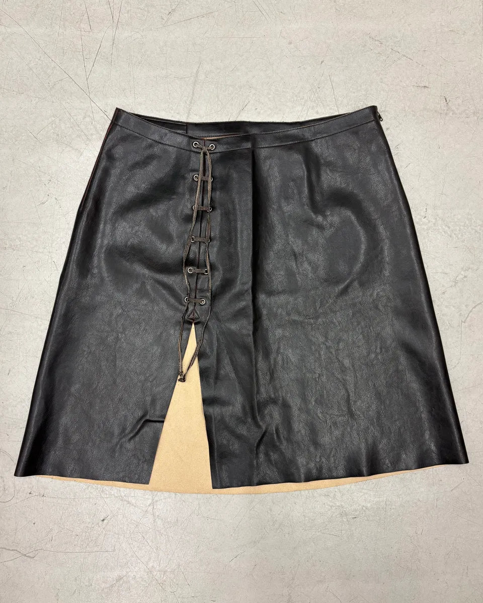 1990s Gianfranco Ferré Black Leather Lace-Up Skirt kwgatsw 0