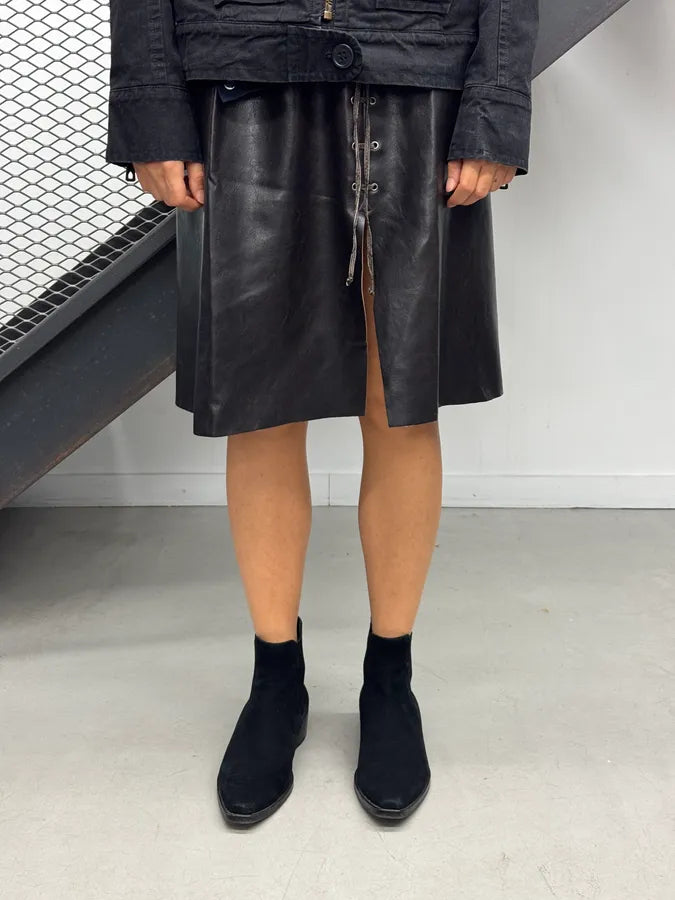 1990s Gianfranco Ferré Black Leather Lace-Up Skirt kwgatsw 1