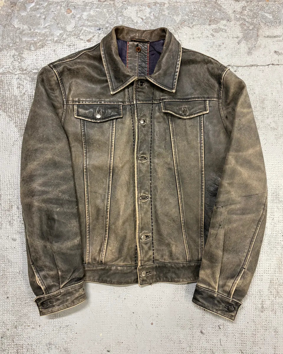 1990s Gianfranco Ferré Grey Eroded Leather Trucker Jacket lKyztfI 0