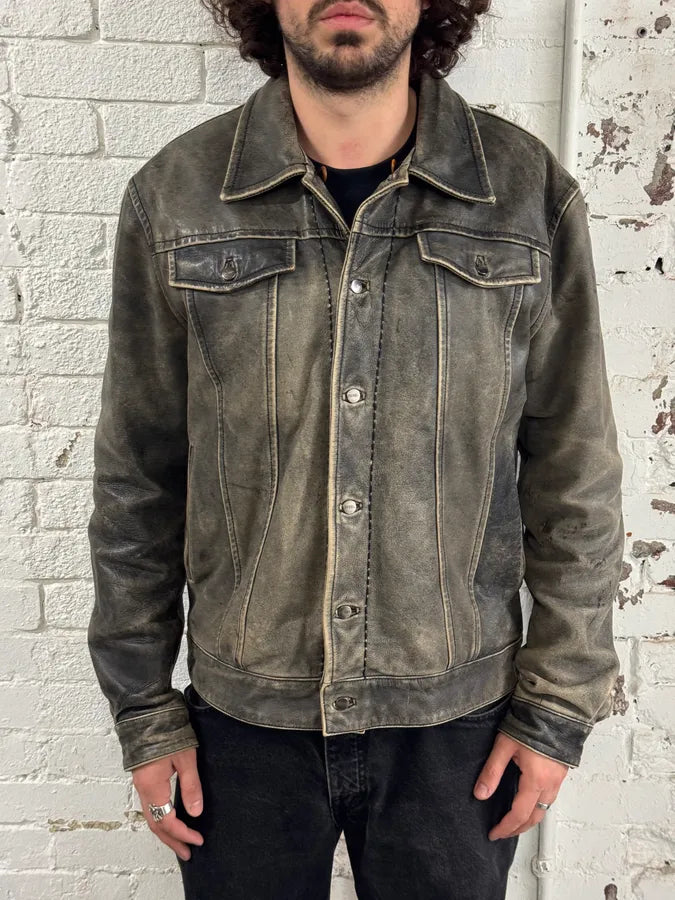 1990s Gianfranco Ferré Grey Eroded Leather Trucker Jacket lKyztfI 1