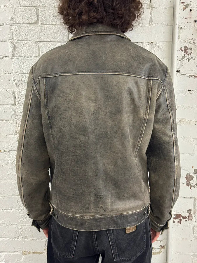 1990s Gianfranco Ferré Grey Eroded Leather Trucker Jacket lKyztfI 2