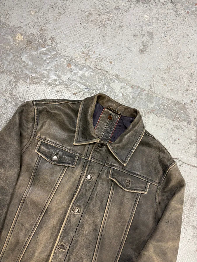 1990s Gianfranco Ferré Grey Eroded Leather Trucker Jacket lKyztfI 3