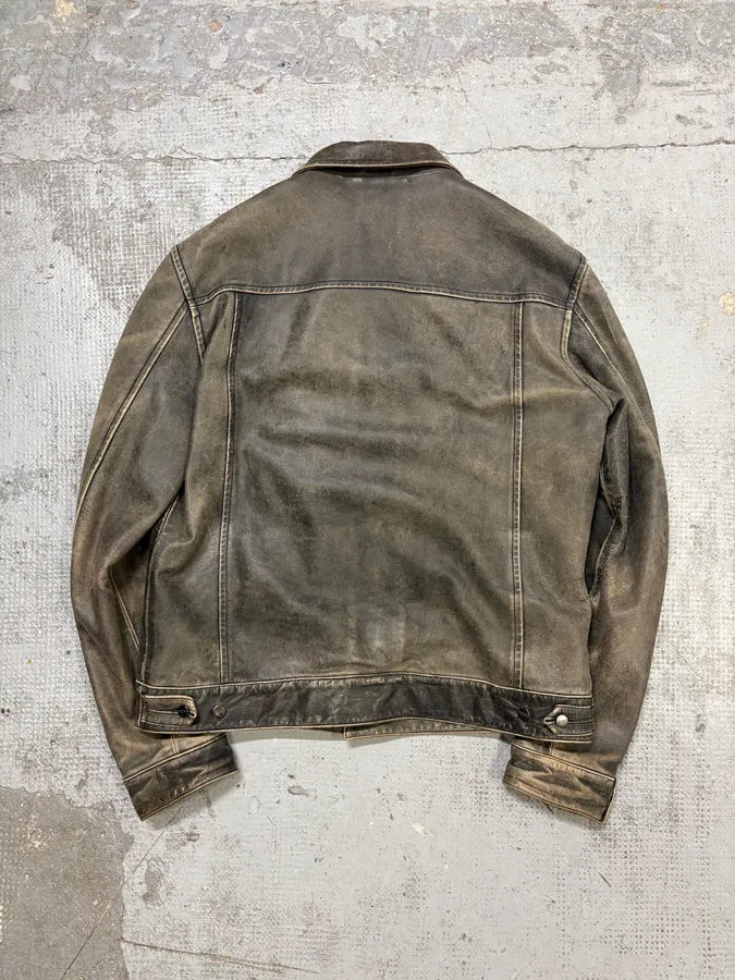 1990s Gianfranco Ferré Grey Eroded Leather Trucker Jacket lKyztfI 4
