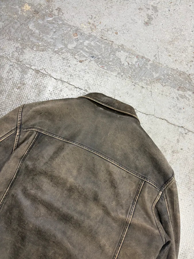 1990s Gianfranco Ferré Grey Eroded Leather Trucker Jacket lKyztfI 5