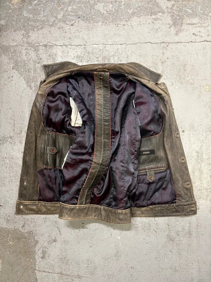 1990s Gianfranco Ferré Grey Eroded Leather Trucker Jacket lKyztfI 6