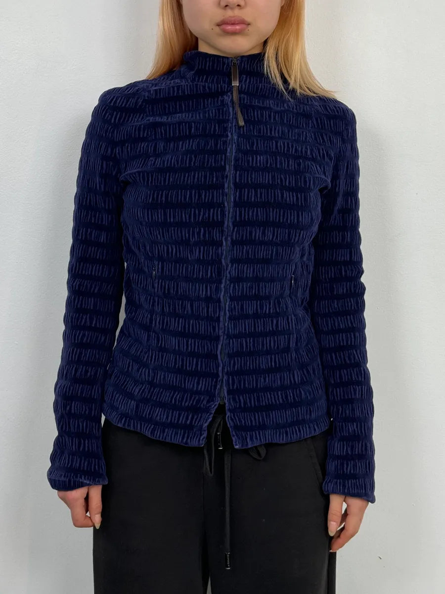 1990s Gianfranco Ferré Navy Velvet Zip-up Jacket hcKYsQb 1