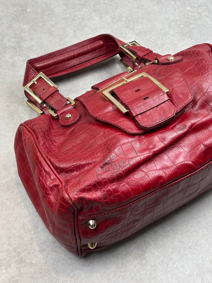 1990s Gianfranco Ferré Red Leather Crocodile Embossed Handle Bag hDCsLLM 4