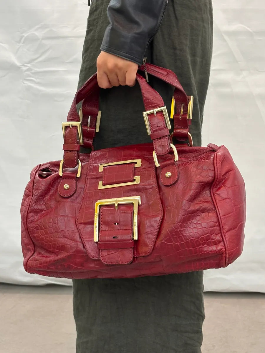 1990s Gianfranco Ferré Red Leather Crocodile Embossed Handle Bag hDCsLLM 1