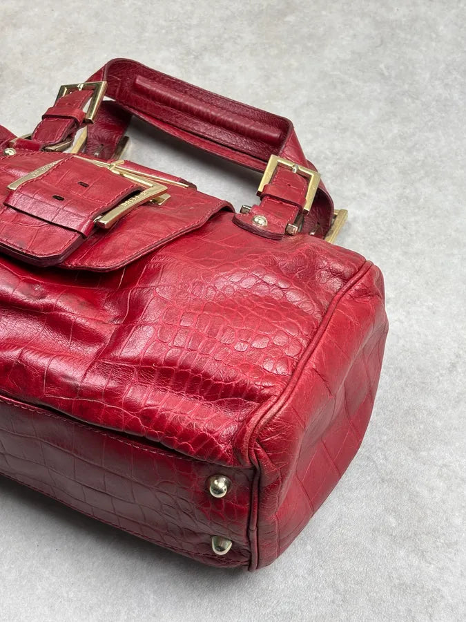 1990s Gianfranco Ferré Red Leather Crocodile Embossed Handle Bag hDCsLLM 5