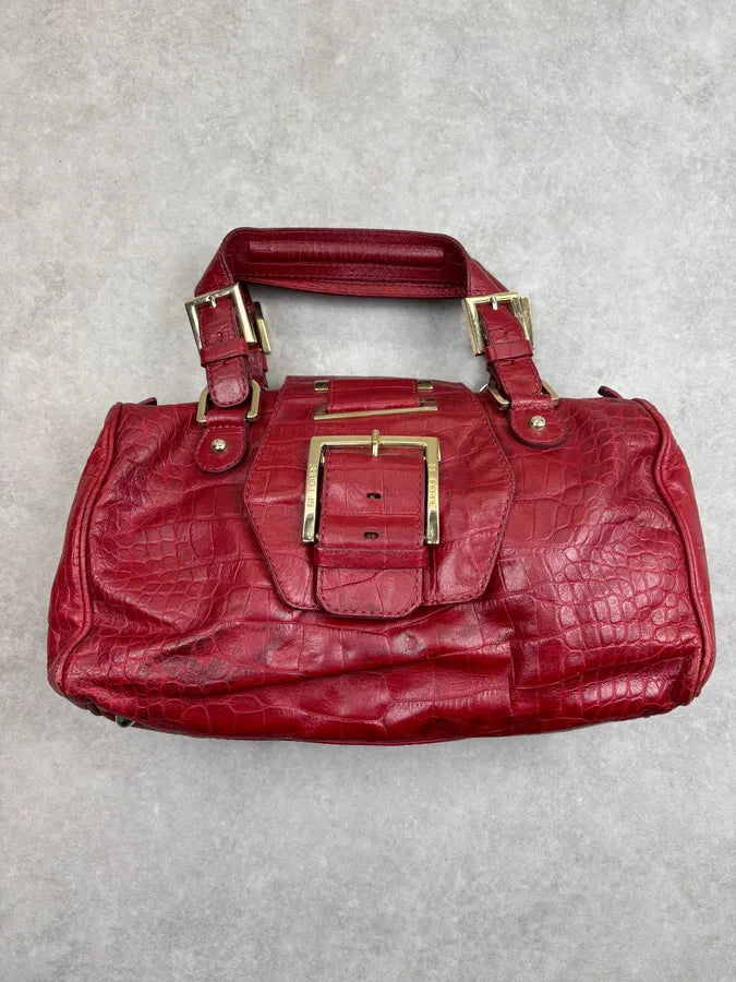 1990s Gianfranco Ferré Red Leather Crocodile Embossed Handle Bag hDCsLLM 3