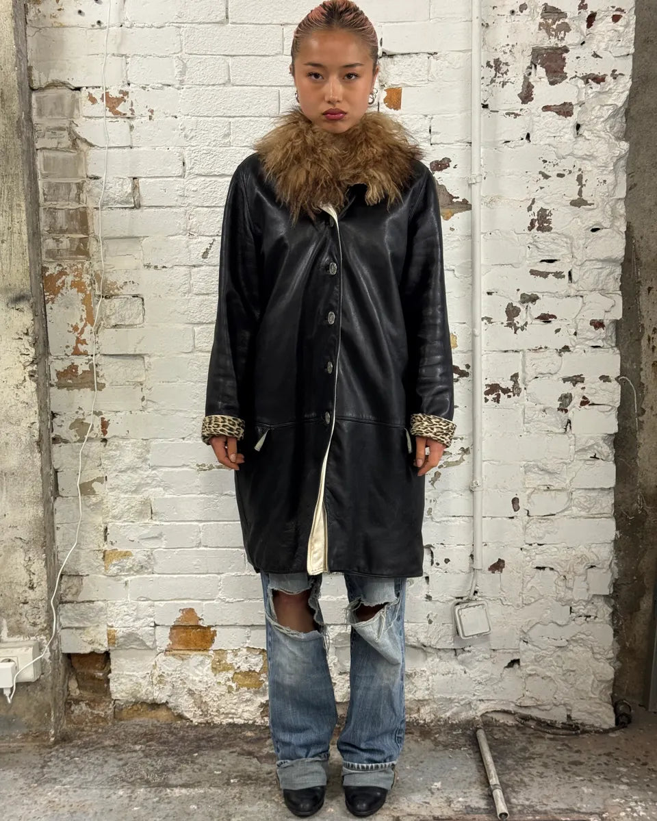 1990s Gianni Versace Black Leather Fur Collar Jacket vjmOUHb 0