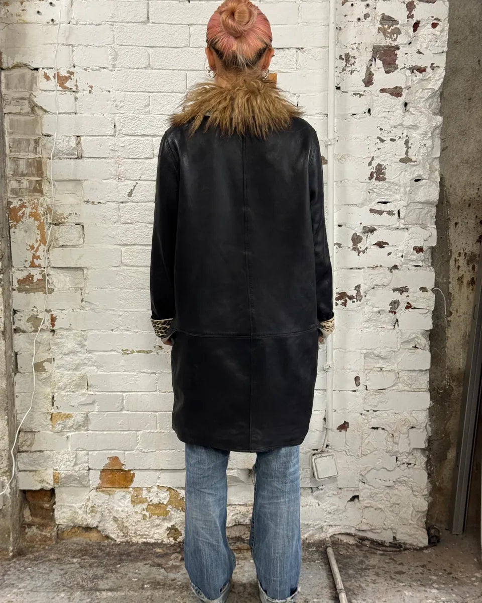 1990s Gianni Versace Black Leather Fur Collar Jacket vjmOUHb 1