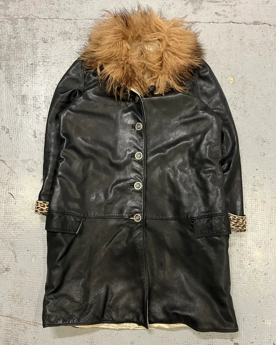 1990s Gianni Versace Black Leather Fur Collar Jacket vjmOUHb 3