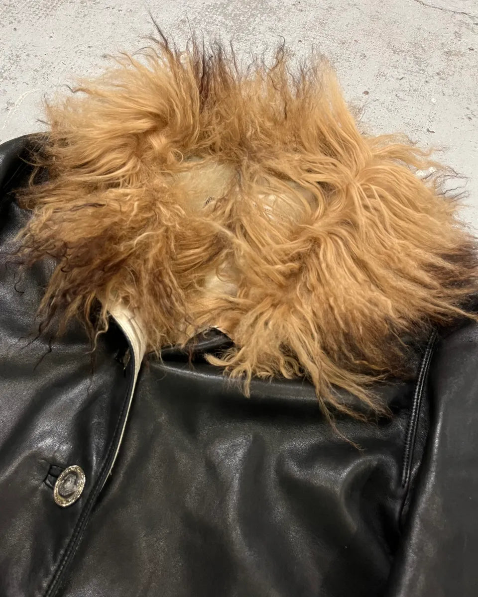 1990s Gianni Versace Black Leather Fur Collar Jacket vjmOUHb 4