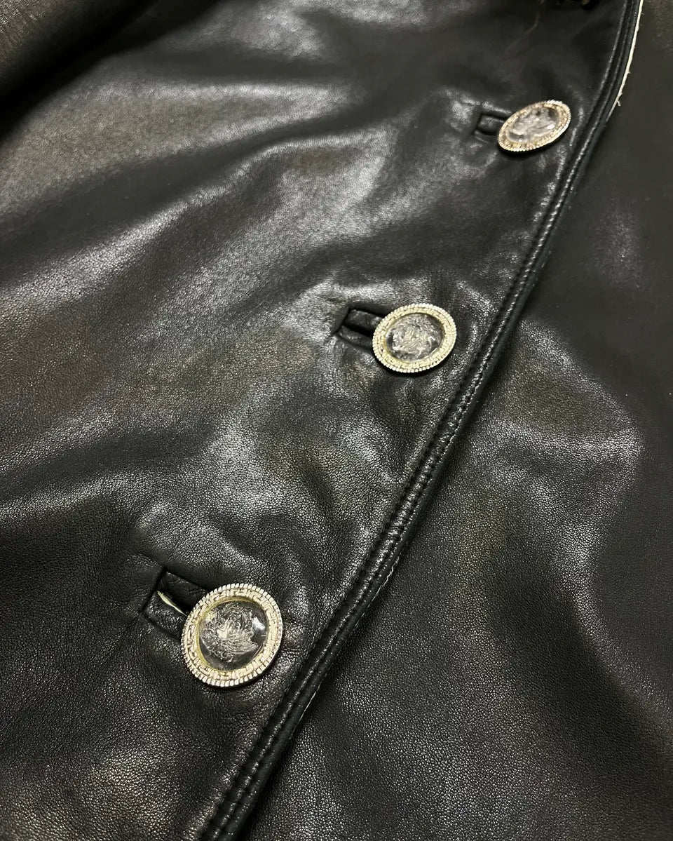 1990s Gianni Versace Black Leather Fur Collar Jacket vjmOUHb 6