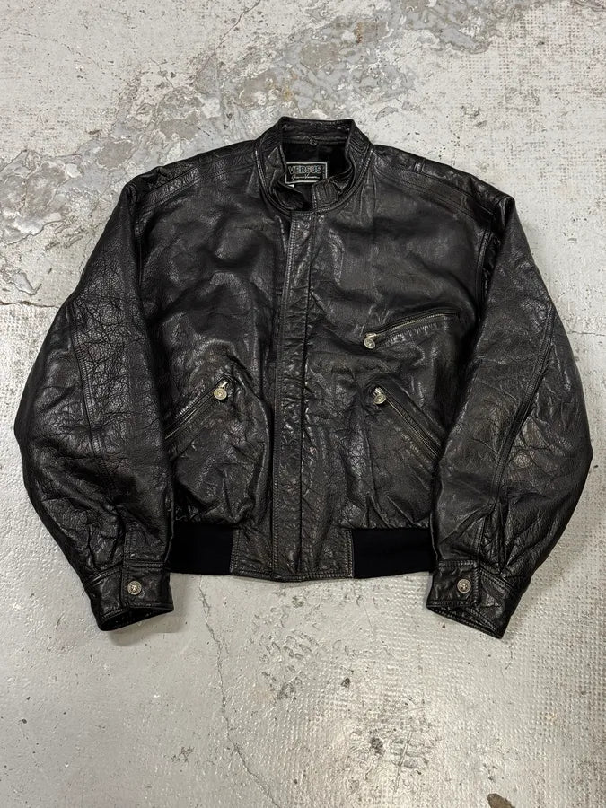 1990s Gianni Versace Black Leather Quilted Bomber Jacket iIPlCDZ 0