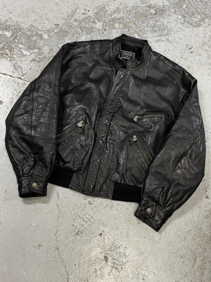 1990s Gianni Versace Black Leather Quilted Bomber Jacket iIPlCDZ 4