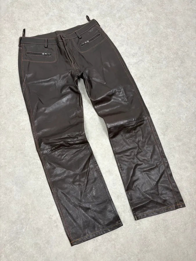 1990s Gianni Versace Brown Leather Biker Pants serPnWG 4