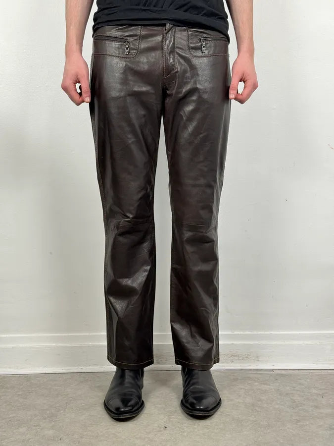 1990s Gianni Versace Brown Leather Biker Pants serPnWG 1