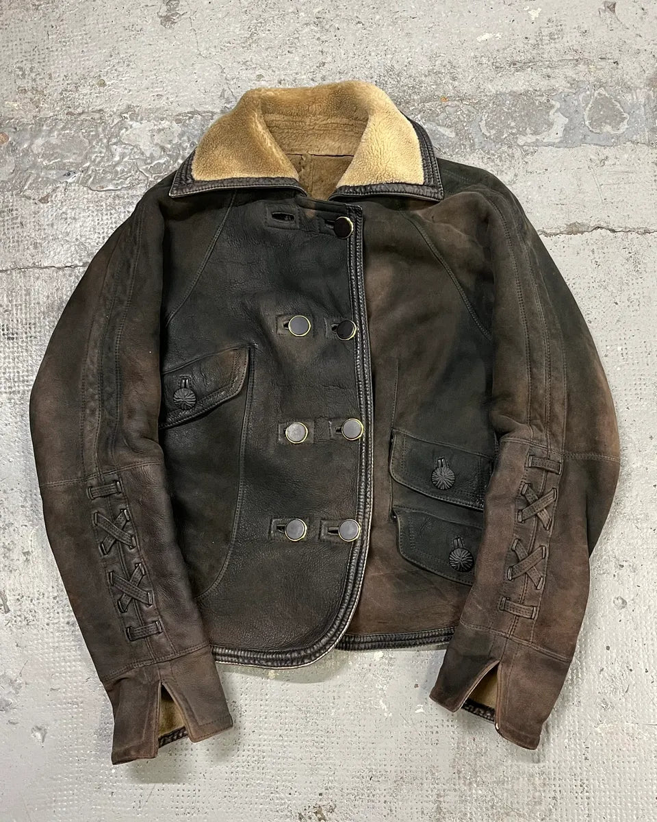 1990s Gianni Versace Brown Shearling Lace Up Sleeves Leather Jacket EnUiOnl 0