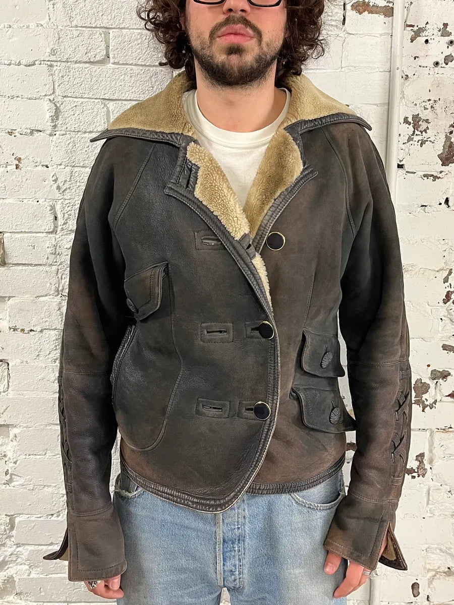 1990s Gianni Versace Brown Shearling Lace Up Sleeves Leather Jacket EnUiOnl 1