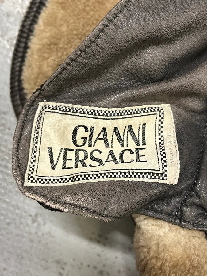 1990s Gianni Versace Brown Shearling Lace Up Sleeves Leather Jacket EnUiOnl 7