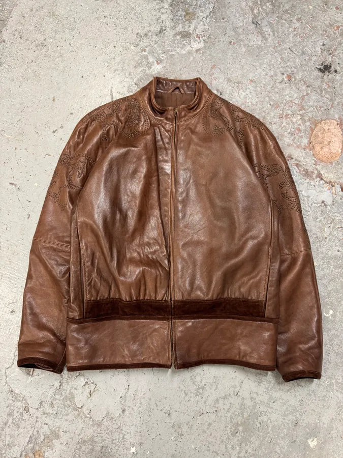 1990s Gianni Versace Brown Tribal Studded Leather Jacket iJbHtBz 0