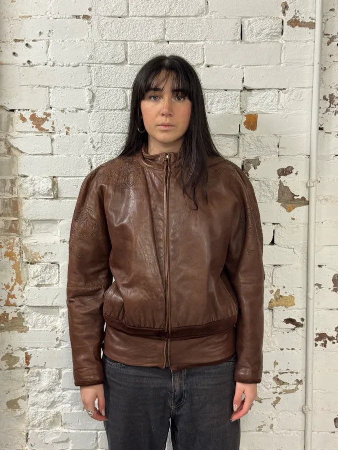 1990s Gianni Versace Brown Tribal Studded Leather Jacket iJbHtBz 1