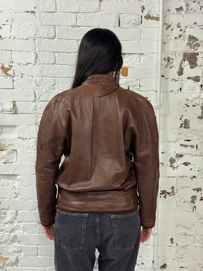 1990s Gianni Versace Brown Tribal Studded Leather Jacket iJbHtBz 2